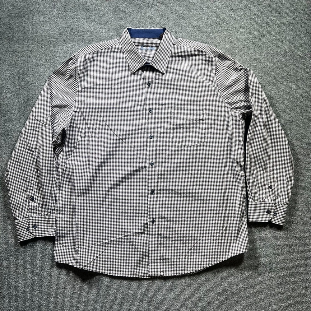 Tasso Elba Dress Shirt Men's 18.5 Brown Cotton Gingham Preppy Career Business
